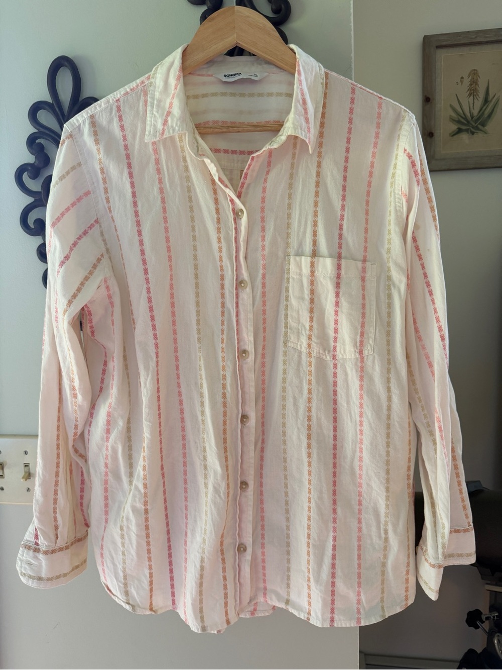 Sonoma Cream Button-Up Shirt with Pink & Tan Stripes